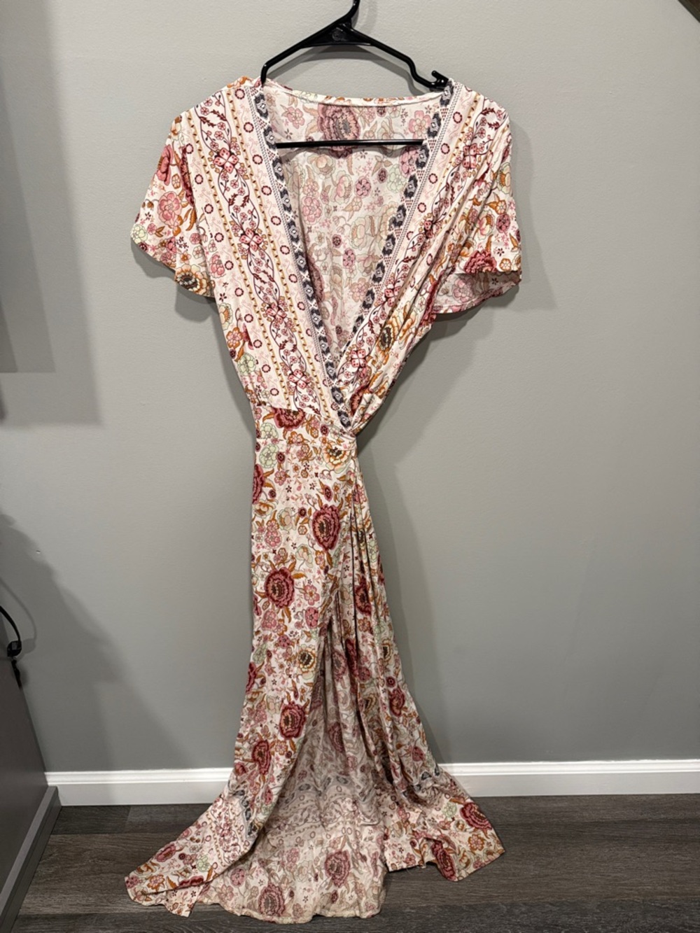 Floral Wrap Maxi Dress in Cream and Rose